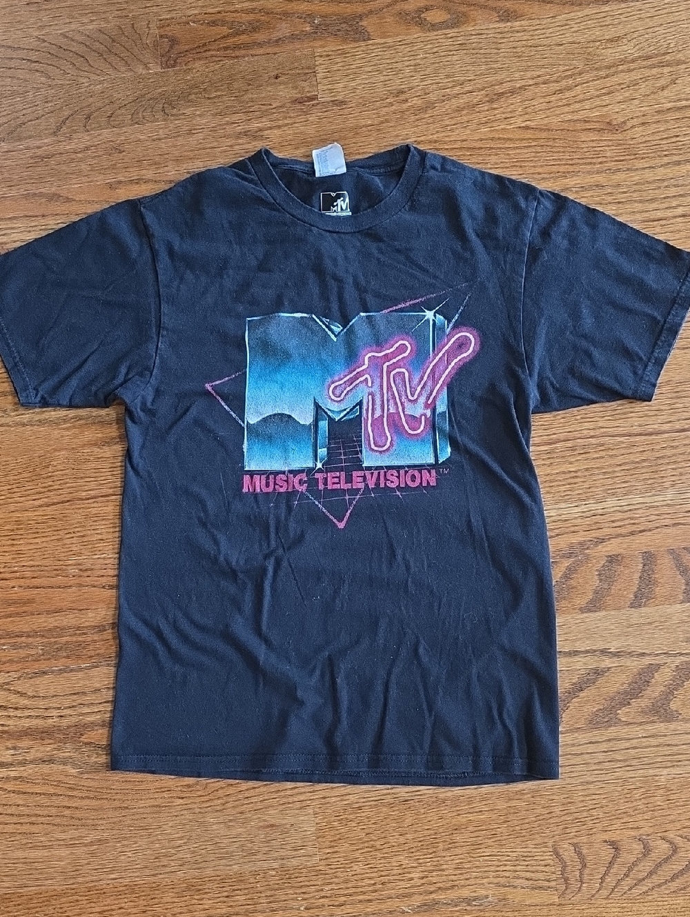 MTV Black Tee with Blue Gradient & Pink Neon Logo